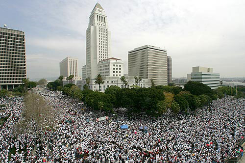 This is a photo from the Los Angeles Times. This is just a small part of an estimated 500,000 to ONE MILLION marchers who were protesting against the racists trying to terrorize and criminalize our people.